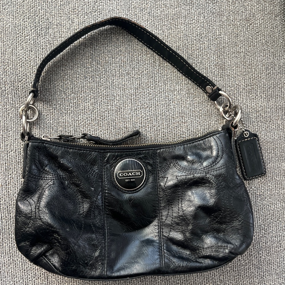 SOLD ***Coach Black Leather Shoulder Bag with Silver Accents
